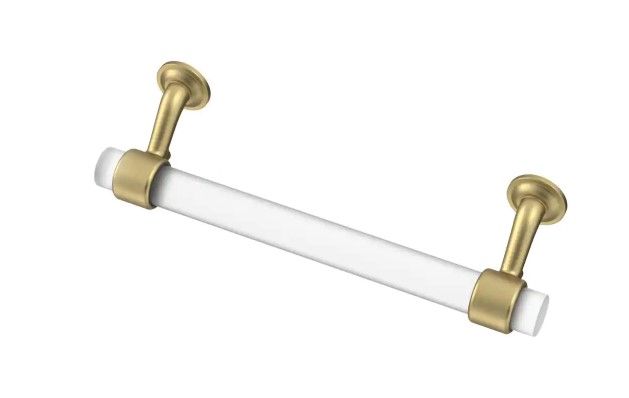 Photo 1 of **SET OF 2**
Floating 5-1/16 in. (128mm) Center-to-Center Brushed Brass with Frosted Clear Glass Drawer Pull
