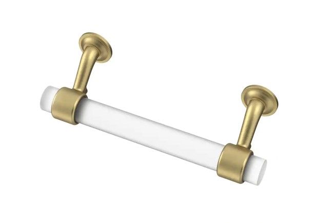 Photo 1 of **SET OF 2**
Floating 3-3/4 in. (96mm) Center-to-Center Brushed Brass with Frosted Clear Glass Drawer Pull
