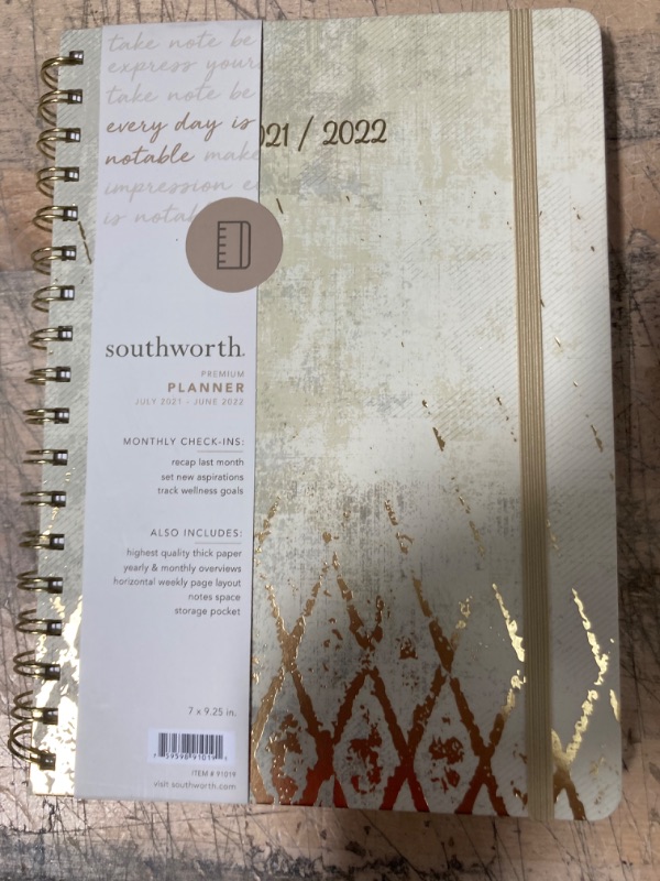 Photo 2 of Southworth Academic Planner (July 2021-June 2022), 7" x 9.25", Weathered Gold Weave, Premium 28#/105 gsm Paper, Twin Wire (91019)
