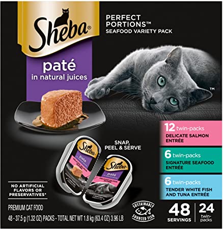 Photo 1 of **NON-REFUNDABLE**
BEST BY 7/23
SHEBA PERFECT PORTIONS Wet Cat Food Paté in Natural Juices Signature Seafood Entrée, Delicate Salmon Entrée, and Tender Whitefish & Tuna Entrée Variety Pack, (24) 2.6 oz. Twin-Pack Trays
