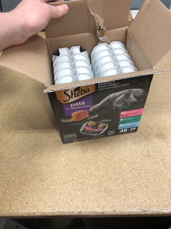 Photo 2 of **NON-REFUNDABLE**
BEST BY 7/23
SHEBA PERFECT PORTIONS Wet Cat Food Paté in Natural Juices Signature Seafood Entrée, Delicate Salmon Entrée, and Tender Whitefish & Tuna Entrée Variety Pack, (24) 2.6 oz. Twin-Pack Trays
