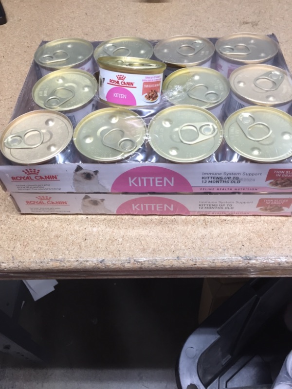 Photo 2 of ***non-refundable**
best by 3/24
24 pack 
Royal Canin Feline Health Nutrition Kitten Thin Slices in Gravy Canned Cat Food, 3 oz can
