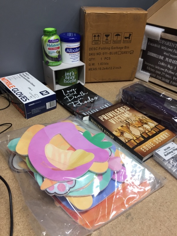 Photo 1 of ***NON-REFUNDABLE**
ASSORTED GOODS
EASTER DECORATIONS, NITRILE GLOVES 100PCS, FOLDING GARBAGE BIN, "LET'S STAY HOME" MUG, MELATONIN 120PCS,2 BOOK,