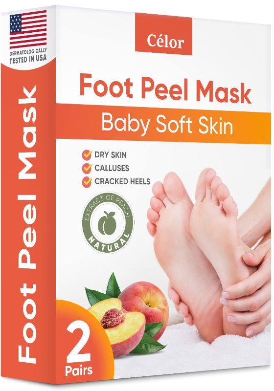 Photo 1 of 2 Foot Peel Mask Peach (2 Pairs) - Foot Mask for Dry Cracked Feet and Remove Dead Skin - Foot Exfoliator with Aloe Vera Gel and Natural Peach Extract for Men and Women Feet Peeling Mask - Foot Mask Peel
