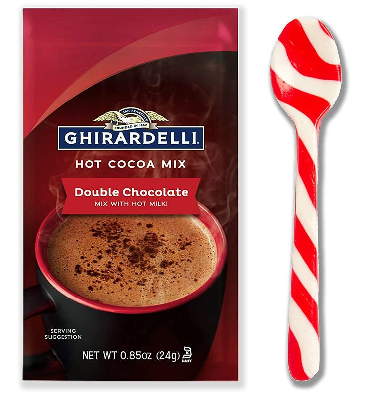 Photo 1 of ***non-refundable**
best by 3/23
12 Sets Ghirardelli Double Chocolate Hot Cocoa Packets & Peppermint Flavored Candy Cane Spoons Kit Set (12)
