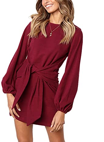 Photo 1 of  Women’s Elegant Long Lantern Sleeve Short Dress Crewneck Tie Waist Knit Cocktail Dress size xl 
