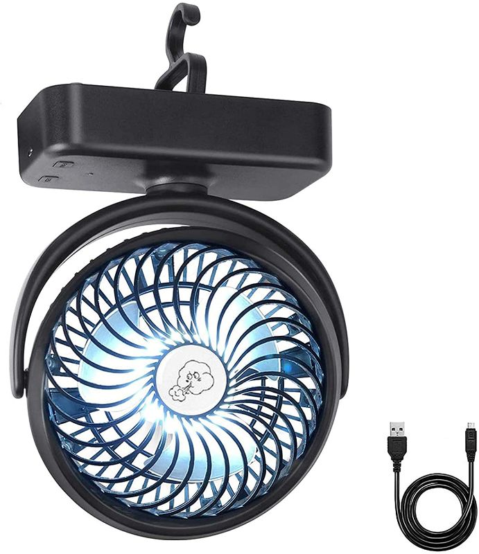 Photo 1 of REENUO 5000mAh Camping Fan with LED Lights, 40 Hours Max Working Time Tent Fan with Hanging Hook, Rechargeable Battery Operated Desk Fan for Home & Office
