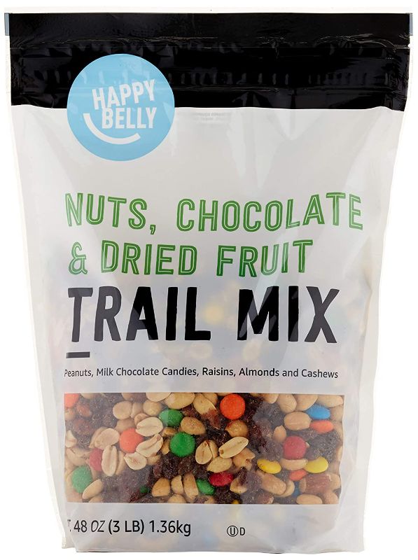 Photo 1 of **NON REFUNDABLE**EXPIRE DATE: 09-02-2022 Amazon Brand - Happy Belly Nuts, Chocolate & Dried Fruit Trail Mix, 48 Ounce
