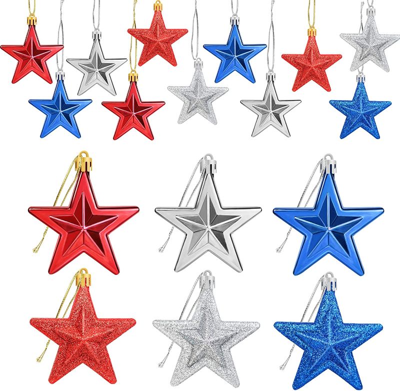 Photo 1 of 24Pcs 4th of July Patriotic Star Ornaments - Fourth of July Patriotic Decorations - Red Blue Silver Star Shaped Baubles Ornament for Home Tree - 4th of July Patriotic Party Home Star Hanging Ornament
