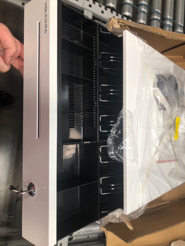 Photo 5 of Mini Cash Register Drawer 13” for Point of Sale (POS) System with Fully Removable 2 Tier Cash Tray, 4 Bill/5 Coin, 24V, RJ11/RJ12 Key-Lock, Double Media Slot, Small Square Money Drawer, White
