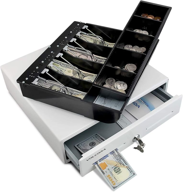 Photo 1 of Mini Cash Register Drawer 13” for Point of Sale (POS) System with Fully Removable 2 Tier Cash Tray, 4 Bill/5 Coin, 24V, RJ11/RJ12 Key-Lock, Double Media Slot, Small Square Money Drawer, White
