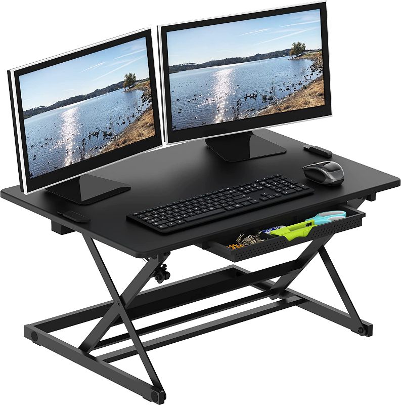 Photo 1 of SHW 32-Inch Height Adjustable Standing Desk Converter Riser Workstation, Black
