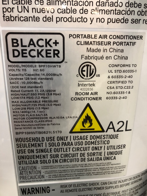 Photo 6 of BLACK+DECKER 14,000 BTU Portable Air Conditioner with Heat and Remote Control, White
