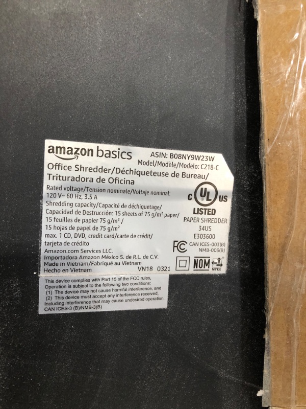 Photo 5 of Amazon Basics Cross Cut Paper Shredder and Credit Card CD Shredder with 6 Gallon Bin, 15 Sheet Capacity