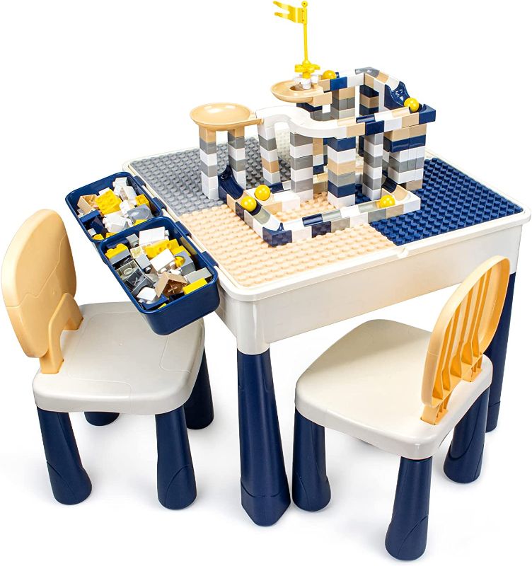 Photo 1 of idoot 7 in 1 Multi Kids Activity Table Set with 2 Chairs and 100 Pcs Large Size Blocks Compatible with Classic Blocks.Water Table,Sand Table and Blocks Table for Kids Activity
