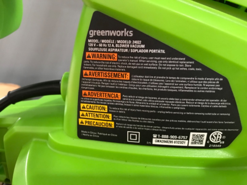 Photo 3 of Greenworks 12 Amp 375 CFM Corded Electric Leaf Blower/Mulcher/Vacuum, 24022