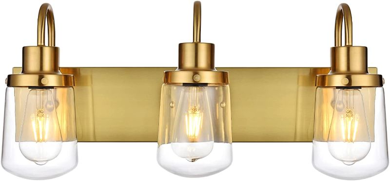 Photo 1 of Yaohong Industrial Wall Sconce 3-Lights Modern Vanity/Bathroom Lamp in Brushed Brass with Clear Glass Shades Wall Mount Light Fixtures for Hallway Kitchen Living Room
