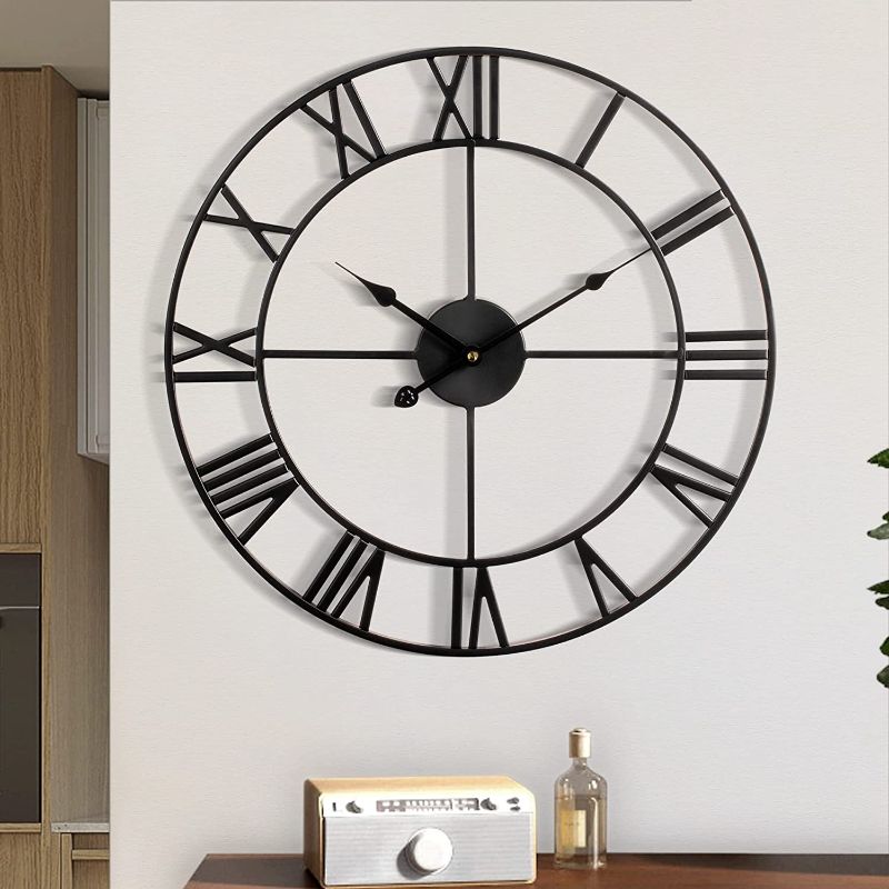 Photo 1 of Large Wall Clock, Metal Retro Roman Numeral Clock, Modern Round Silent Wall Clocks, Easy to Read for Living Room/Home/Kitchen/Bedroom/Office/School Decor (Black, 18 Inch)