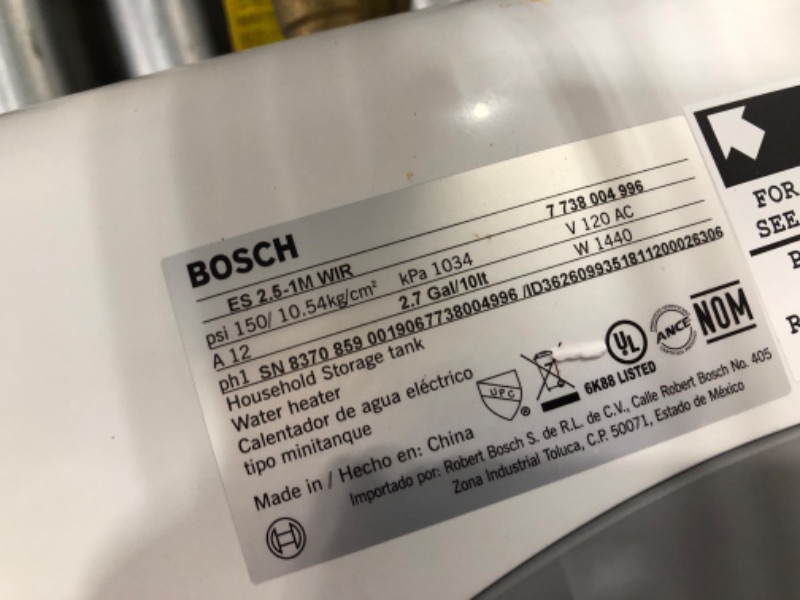 Photo 2 of **8DEAMAGED***
Bosch Tronic 3000 2.5 Gal. Electric Water Heater
