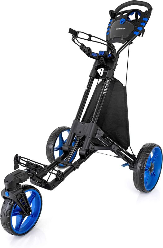 Photo 1 of SereneLife 3 Wheel Golf Push Cart - Lightweight Folding Walking Push Cart Roller Golf Bag Holder w/Foot/Handle Brake, Upper/Lower Bracket w/Elastic Strap, Scorecard/Cup/Bag Storage Holder SLGZ48