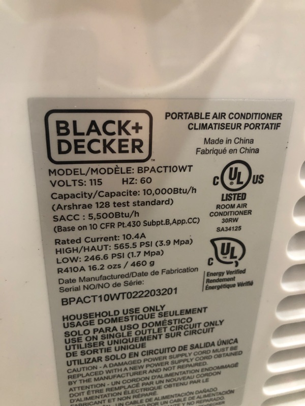 Photo 3 of BLACK+DECKER 10,000 BTU Portable Air Conditioner with Remote Control, White
