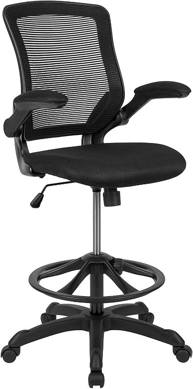 Photo 1 of Flash Furniture Mid-Back Black Mesh Ergonomic Drafting Chair with Adjustable Foot Ring and Flip-Up Arms
