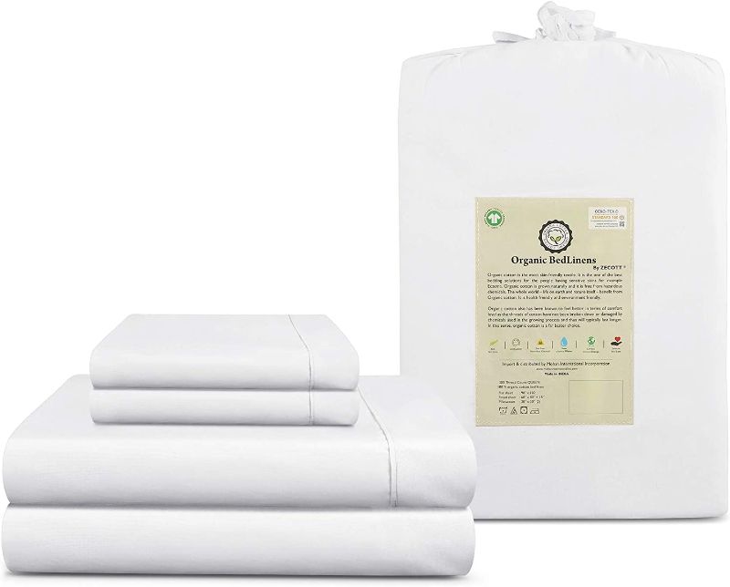 Photo 1 of 100% Organic Cotton 300 Thread Count Queen Sheet Set 4 Piece White | Sateen Weave | GOTS Certified | Soft Silky Shiny| Luxury Finish | Fits Upto 16" Deep Pocket Mattress | Sustainable - by ZECOTT
