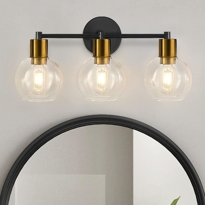 Photo 1 of 3-Light Bathroom Vanity Light, Black and Gold Bathroom Light Fixtures, Sconces Wall Lighting with Clear Globe Glass, Modern Vanity Lights for Bathrooms, Bedrooms, Hallways and Living Rooms
