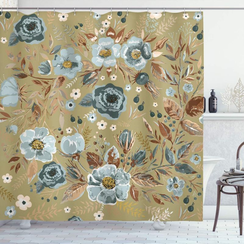 Photo 1 of Ambesonne Floral Shower Curtain, Shabby Form Flowers Roses Petals Dots Leaves Buds Spring Season Theme Image Artwork, Cloth Fabric Bathroom Decor Set with Hooks, 69" W x 70" L, Khaki Seafoam