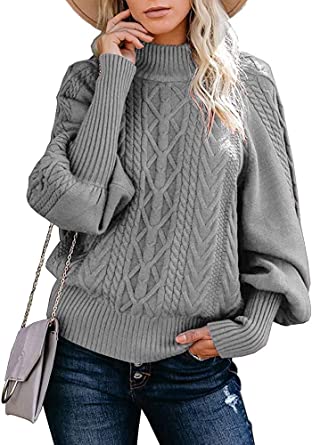 Photo 1 of Womens Turtleneck Oversized Sweaters Plus Size Lantern Sleeve Chunky Cable Knit Pullover Loose Jumper Tops XL
