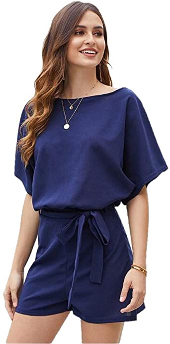 Photo 1 of DESIGNER97 Women's Sash Casual Loose Rompers Batwing Short Sleeve Jumpsuit Playsuit for Spring Summer Autumn Winter Large
