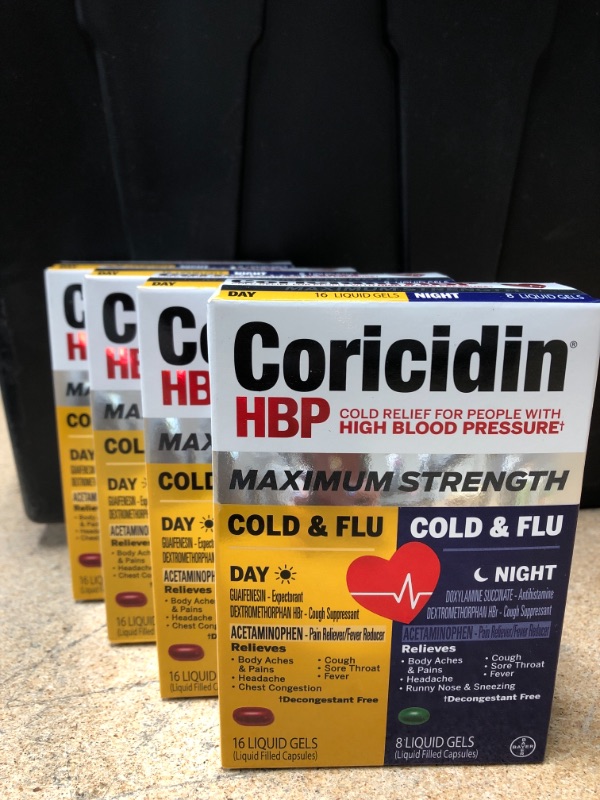 Photo 2 of 4 BOXES: Coricidin Hbp, Decongestant-free Maximum Strength Cold & Flu Day+night Liquid Gels, 24 Count
Best By 06/2022