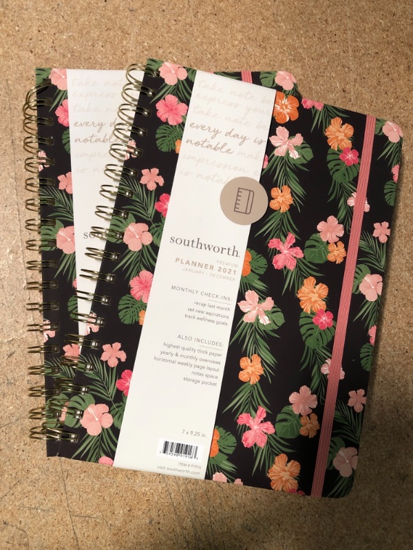 Photo 1 of TWO PACK: Southworth 2021 Yearly Planner (January, 2021-December, 2021), Monthly and Yearly Planner, 7”x9.25”, Tropical Hibiscus, Premium 28lb/105gsm Paper, Twin Wire, 82 Sheets/164 Pages (91916)
