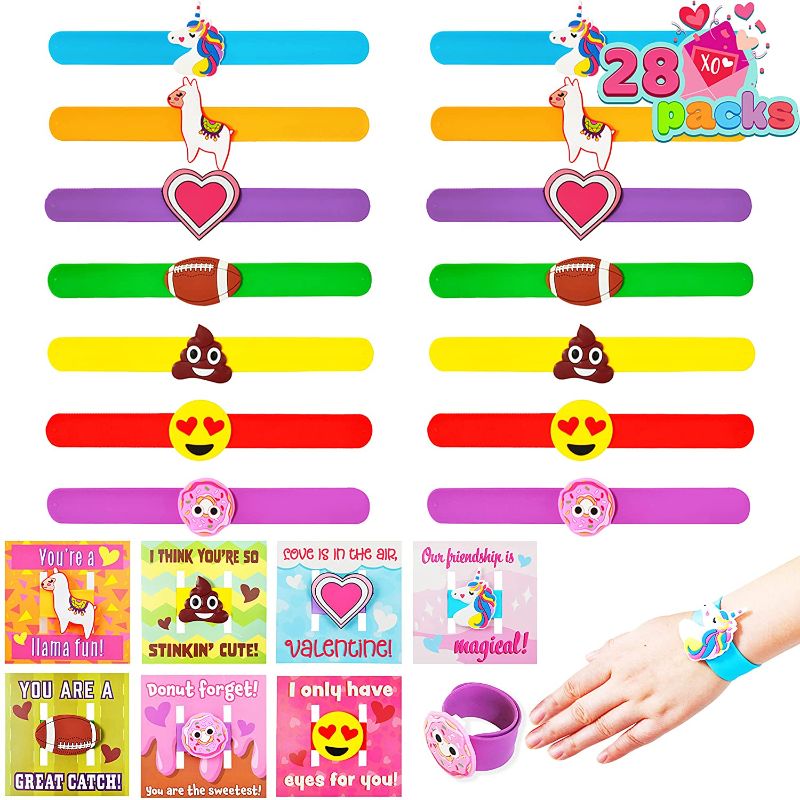 Photo 1 of JOYIN 28 Packs Slap Bracelets Set with Valentine Day Cards Slap Bracelets for Kids for Classroom Exchange Prizes, Valentine Exchange Cards, Valentine’s Greeting Cards and Party Favors
