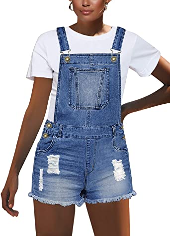 Photo 1 of luvamia Women's Ripped Short Overalls Adjustable Denim Bib Overall Shorts Romper MEDIUM.