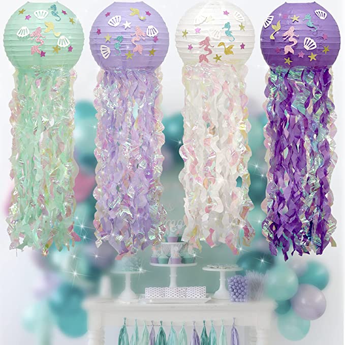 Photo 1 of Hoci Poci Mermaid Birthday Party Decorations, Little Jellyfish Paper Lanterns for Girls Under The Sea Party Supplies (Four Colors A)
