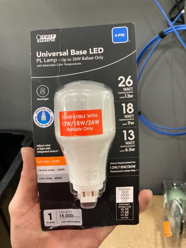 Photo 2 of Feit Electric
13-Watt/18-Watt/26-Watt Equivalent PL Vertical 4-Pin Universal Color Select (2700K,3500K,4100K) LED Light Bulb (1-Bulb)