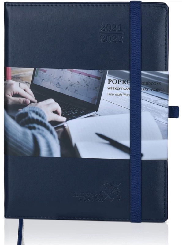 Photo 1 of Academic Planner Hourly 2021-2022 Vertical Weekly & Monthly - POPRUN Agenda August 2021 to August 2022 with Pocket, Note & Address Pages, Vegan Leather Hardcover, 6.5" x 8.75", Navy Blue 2 PACK 