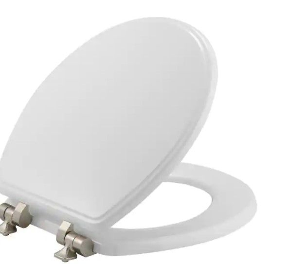 Photo 1 of BEMIS
Weston Slow Close Round Closed Front Toilet Seat in White Never Loosens Brushed Nickel Metal Hinge