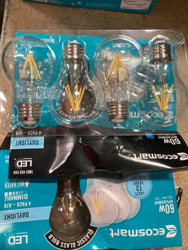 Photo 1 of EcoSmart
60-Watt Equivalent A19 Dimmable Energy Star Clear Filament Vintage Style LED Light Bulb Daylight (4-Pack) 2 PACK 