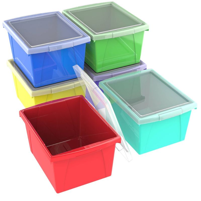 Photo 1 of Storex Classroom Storage Bins with Lids, Medium Size, Assorted Colors, Pack of 6(damaged)
