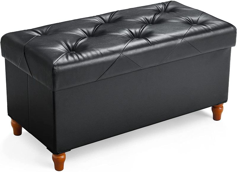 Photo 1 of 30 Inches Folding Storage Ottoman Bench(2022 Upgraded) with Wooden Legs, Memory Foam, Faux Leather Ottoman with Storage, Load 350lbs, Storage Bench for Bedroom, Living Room & Hallway, Foot Rest Black
