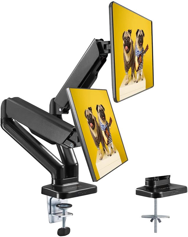 Photo 1 of TEMPSPACE Dual Monitor Stand, Full Motion Gas Spring Dual Monitor Desk Mount Two 17-32" Double Monitor Arm Swivel VESA Mount(75x75/100x100), Each Arm Holds Up to 19.8lbs
