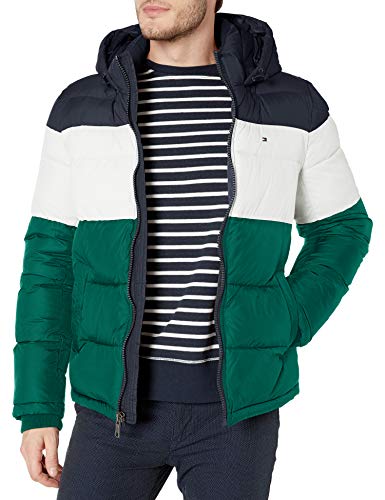 Photo 1 of Tommy Hilfiger Men's Hooded Puffer Jacket, Green Color Block, X-Large
