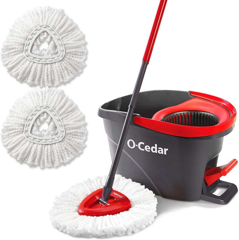 Photo 1 of ***MOP HEADS/BUCKET*** O-Cedar EasyWring Microfiber Spin Mop & Bucket Floor Cleaning System + 2 Extra Refills, Red/Gray
