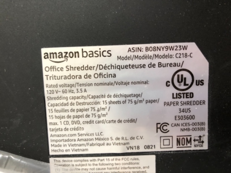 Photo 4 of Amazon Basics 15-Sheet Heavy Duty Cross-Cut Paper and Credit Card Home Office Shredder, Quiet Working with 6-Gallon Bin, Black
