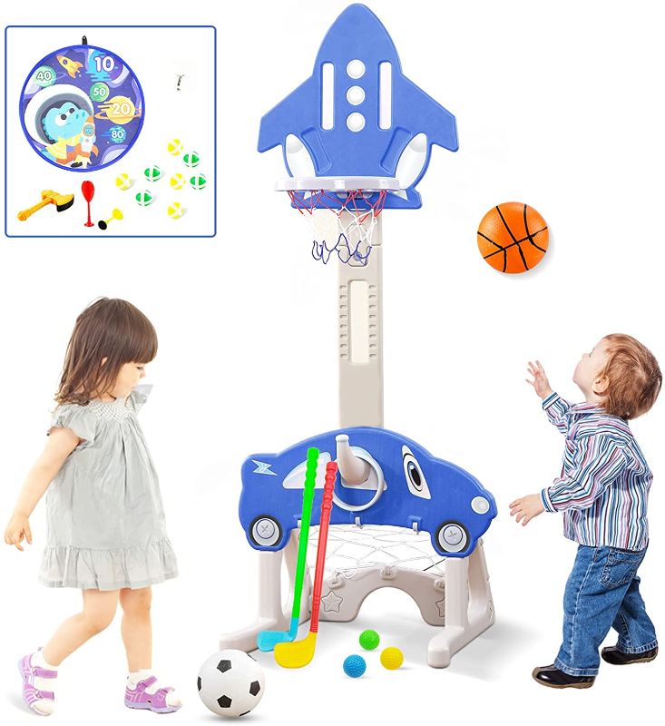 Photo 1 of JHTOPJH 5-in-1 Basketball Hoop for Kids Toddler Basketball Hoop Sports Indoor Outdoor Adjustable Play Set for Children w/ Soccer Goal, Ring Toss, Darts, Golf (Blue)
