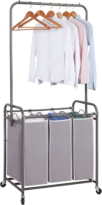 View 1 of STORAGE MANIAC Laundry Sorter with Hanging Bar, Laundry Hamper Cart with Heavy Duty Rolling Lockable Wheels and Removable Bags, Rolling Laundry Basket Organizer, 3 Section
