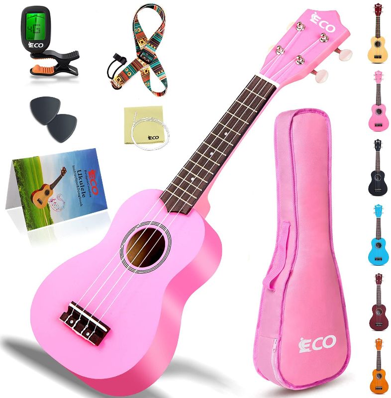 Photo 1 of iECO Soprano Ukulele Beginner Kit for Kids Adults 21 Inch Ukelele w/Case Strap Tuner Strings Picks (Pink)
