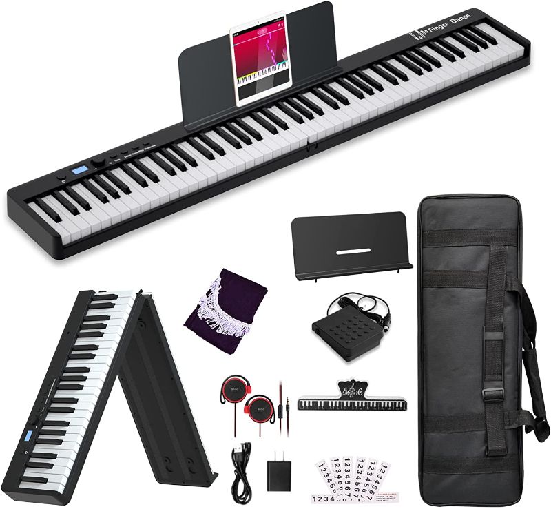 Photo 1 of Finger Dance Folding Piano Electric Piano Keyboard with Stand Full Size Upgrade Wood Grain Touch Sensitive 88 Keys Digital Piano with Bluetooth MIDI Portable Piano Keyboard for Beginners ?Deep Black?
